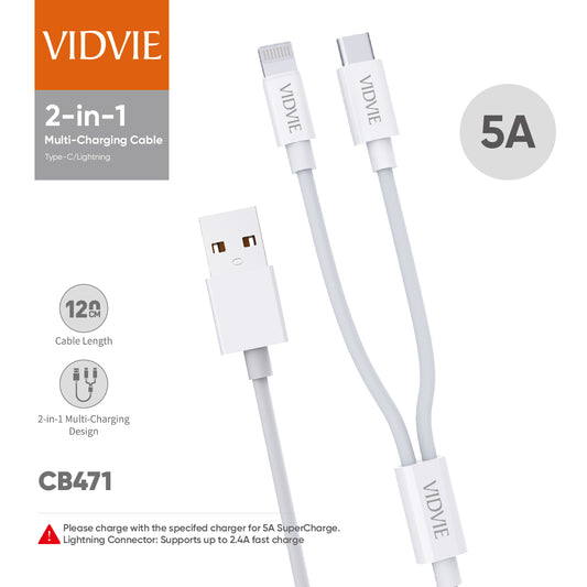 VIDVIE (4.7V/5A) 2in1 USB Cable 5A CB471 (USB to Type-C & iPhone) Dark Grey