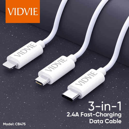 VIDVIE 3 In 1 120cm long Fast Charging iPhone Micro USB Type C Charger Cable White