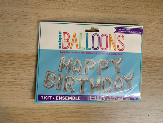HAPPY BIRTHDAY HANGING LETTERS BALLOONS BANNER WITH STRIP IN SILVER COLOURS