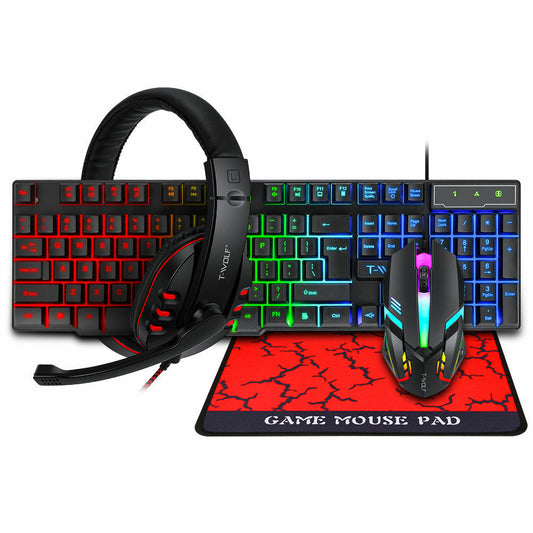 Rainbow LED Gaming Keyboard And Mouse Headphones Headset Pad Set For PC Laptop