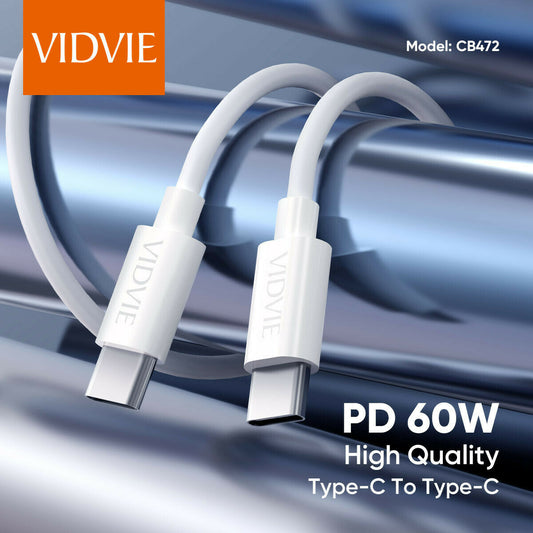 VIDVIE TYPE C TO TYPE C USB FAST CHARGER CABLE 60W WHITE
